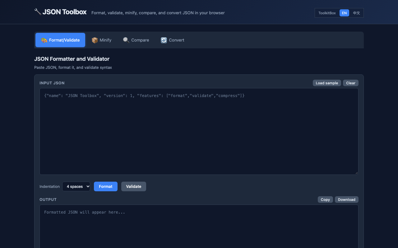 ToolkitBox JSON formatter with a synthetic sample loaded